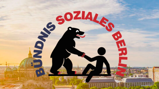 Stilisierte Zeichnung des Berliner Bären, der einem am Boden sitzenden Menschen aufhilft. Im Hintergrund ein Foto mit Panorama-Blick auf Berlin.