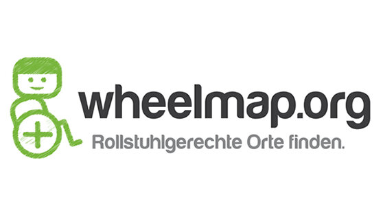 Grafik eines Menschen im Rollstuhl. Daneben der Schriftzug: wheelmap.org