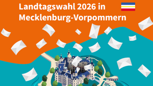 Landtagswahl MV Zeichnung des Schweriner Schlosses, auf das Stimmzettel regnen.