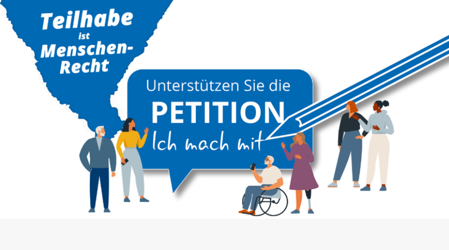 Zeichnungen von verschiedenen Menschen. In der Mitte ein Schild mit der Aufschrift "Petition".