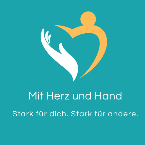 Eine Grafik mit einer stilisierten Hand und einer stilisierten Person, die ein Herz bilden. 